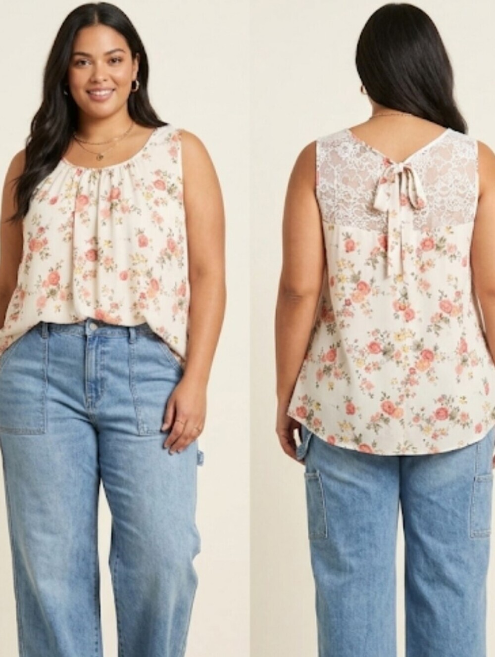 Sweet Rain Sheer 3X White Sleeveless Top w/ Lace Across Shoulders & Ribbon Tie